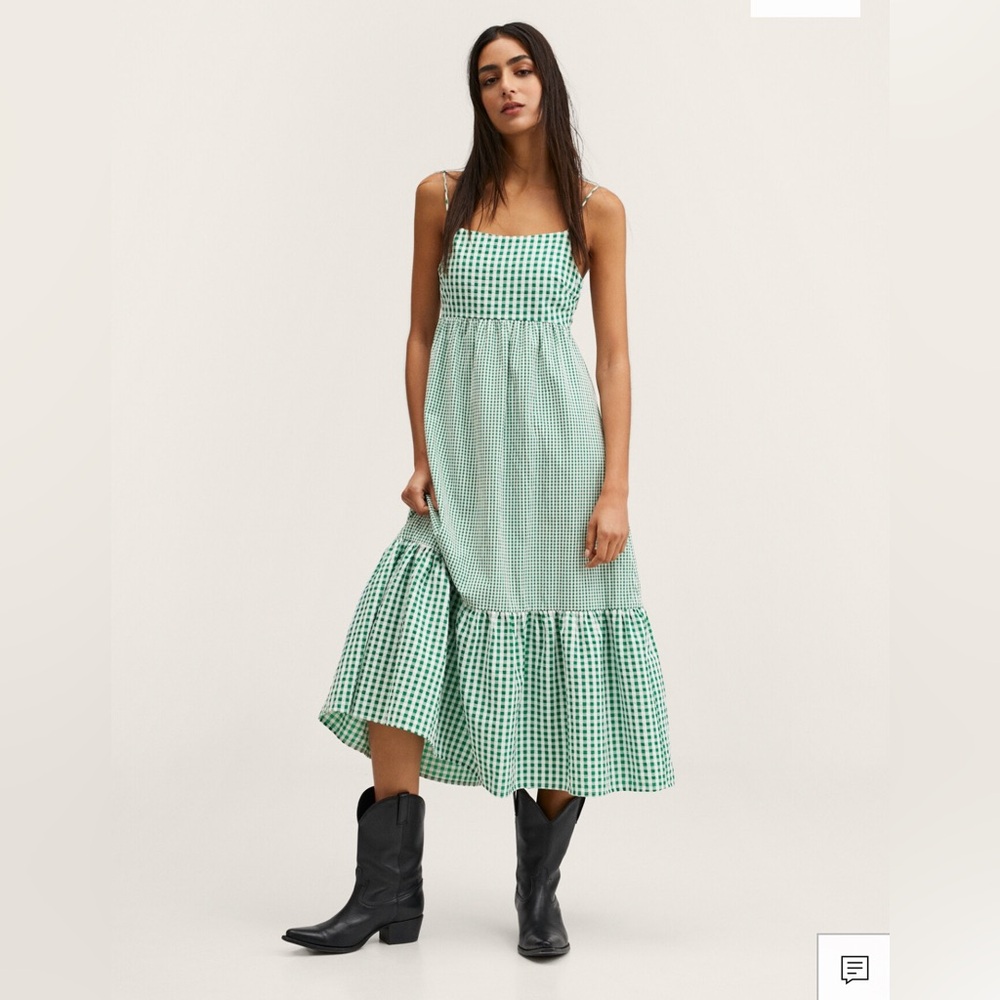 MANGO Green Gingham Tie-Back Midi Dress Size Large
